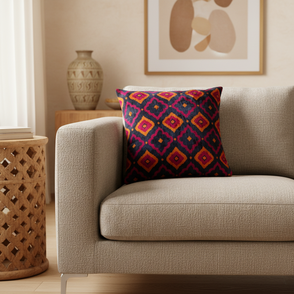 Silk Velvet Ikat Cushion – Midnight Indigo/Amber/Plum Velvet