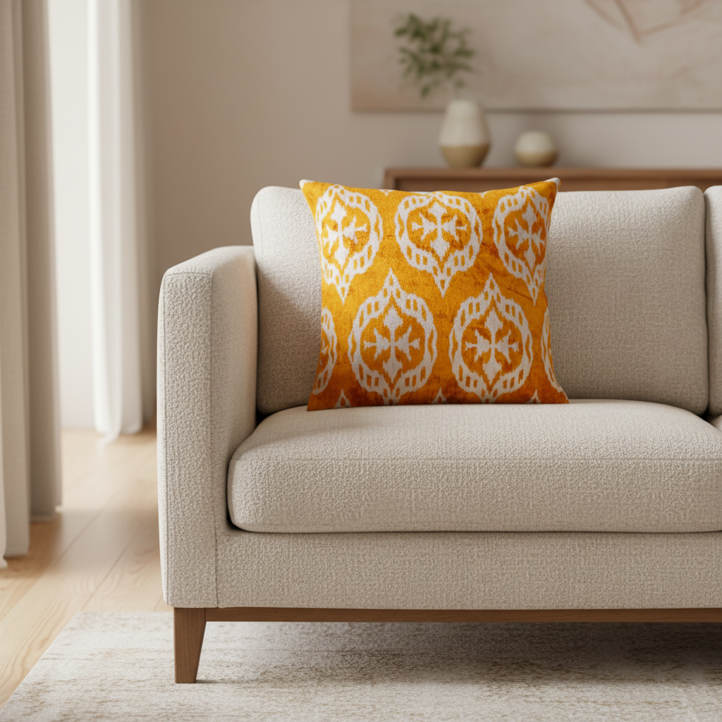 Silk Velvet Ikat Cushion – Off White/Saffron Gold