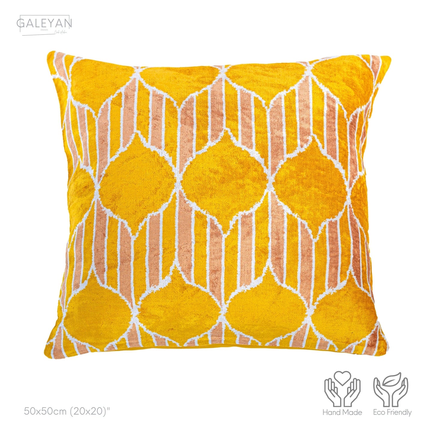 Luxury handmade ikat velvet pillow cover Yellow & Cinnamon & White