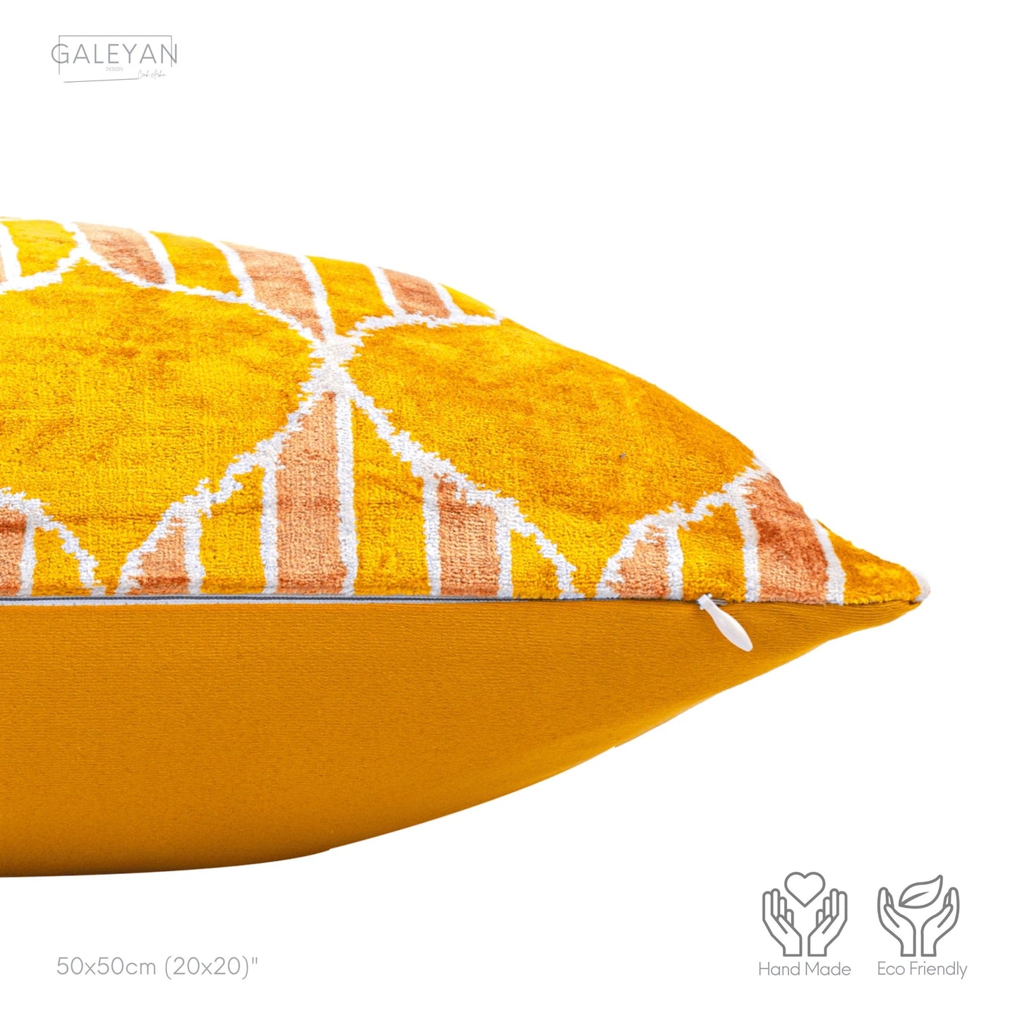 Luxury handmade ikat velvet pillow cover Yellow & Cinnamon & White