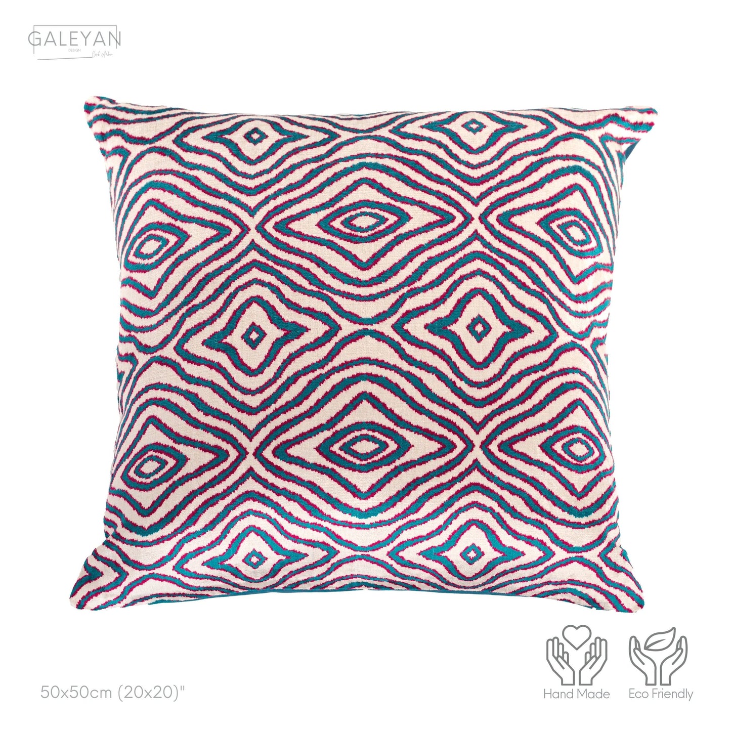 Luxury handmade ikat velvet pillow cover Turquoise Blue & Red & White