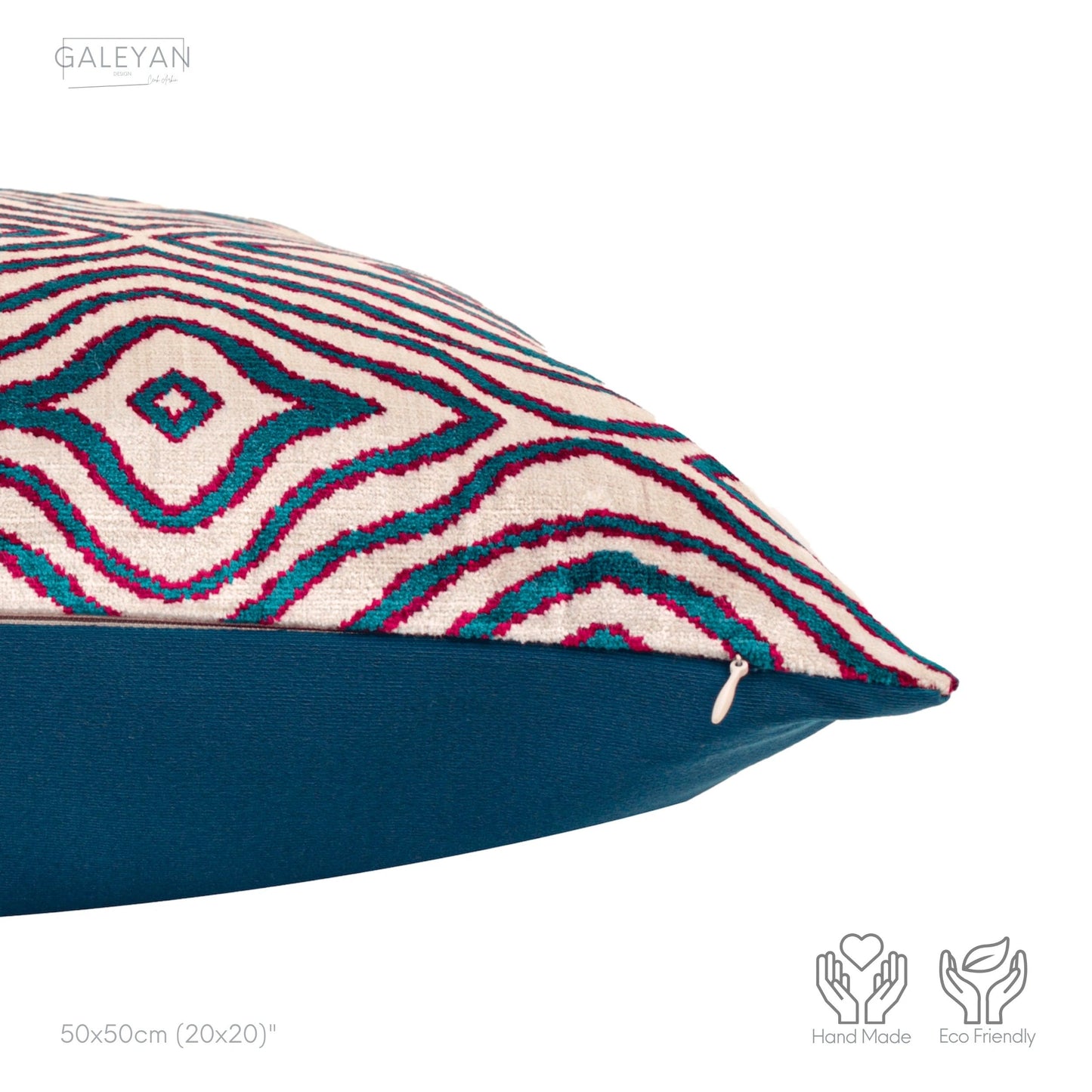 Luxury handmade ikat velvet pillow cover Turquoise Blue & Red & White
