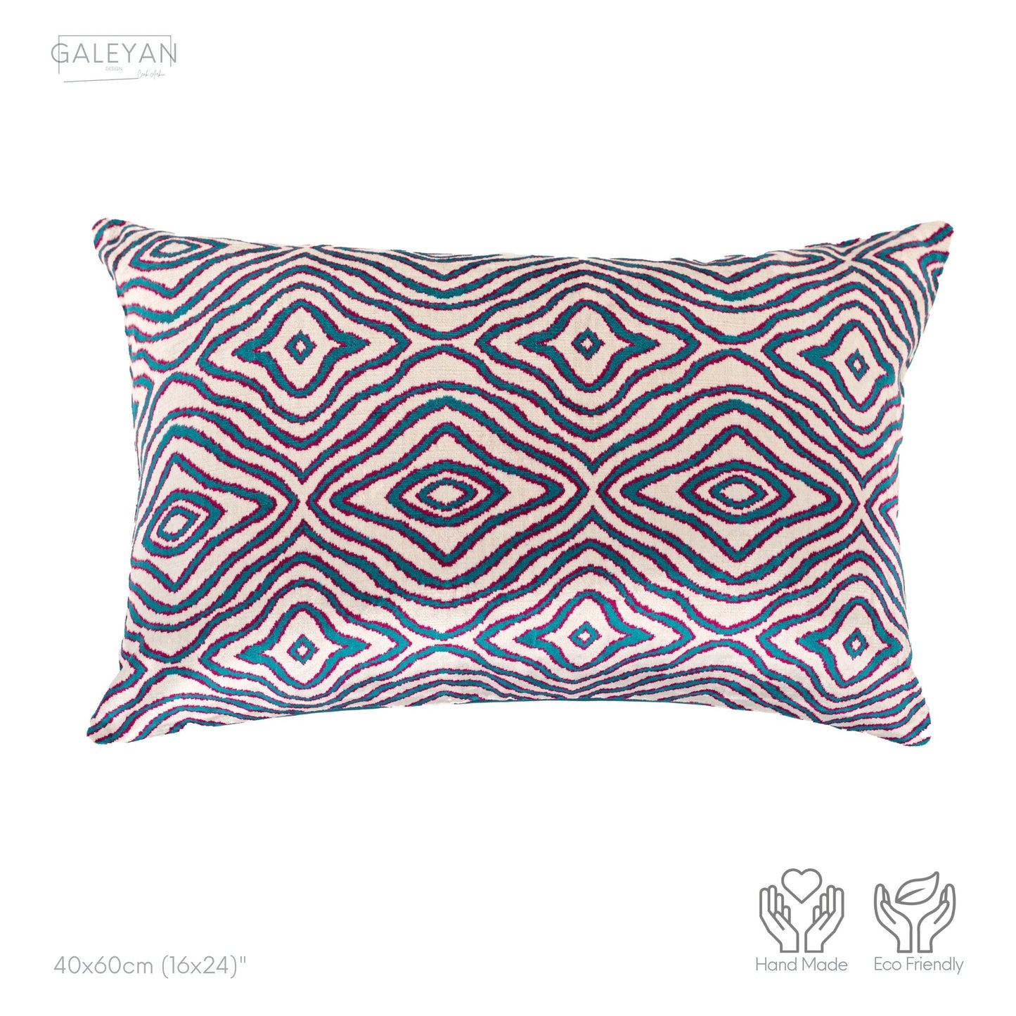 Luxury handmade ikat velvet pillow cover Turquoise Blue & Red & White