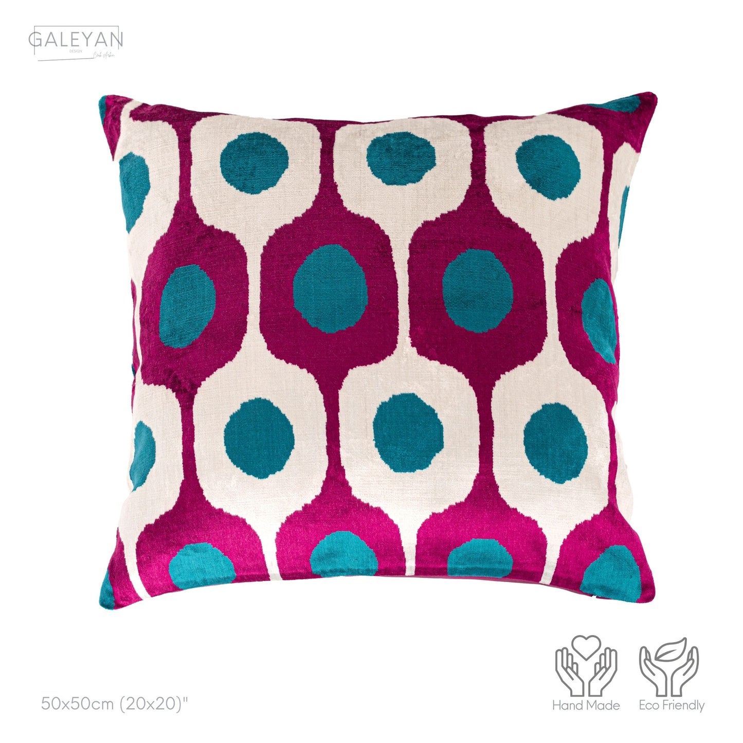 Luxury handmade ikat velvet pillow cover Fuchsia & Turquoise Blue & White