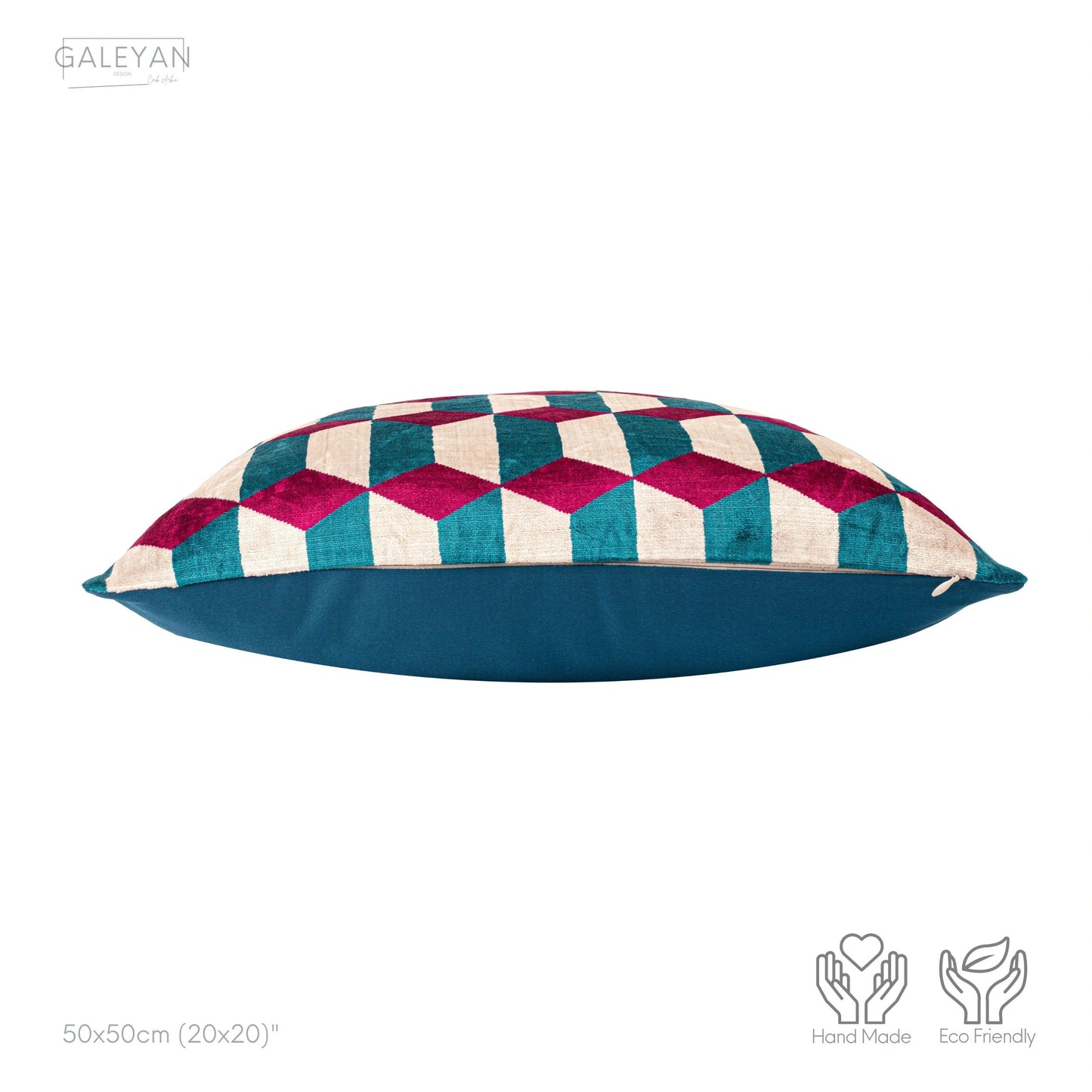 Luxury handmade ikat velvet pillow cover Fuchsia & Turquoise Blue & White