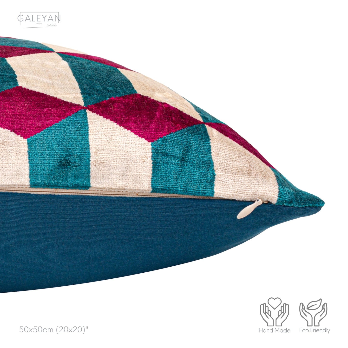 Luxury handmade ikat velvet pillow cover Fuchsia & Turquoise Blue & White
