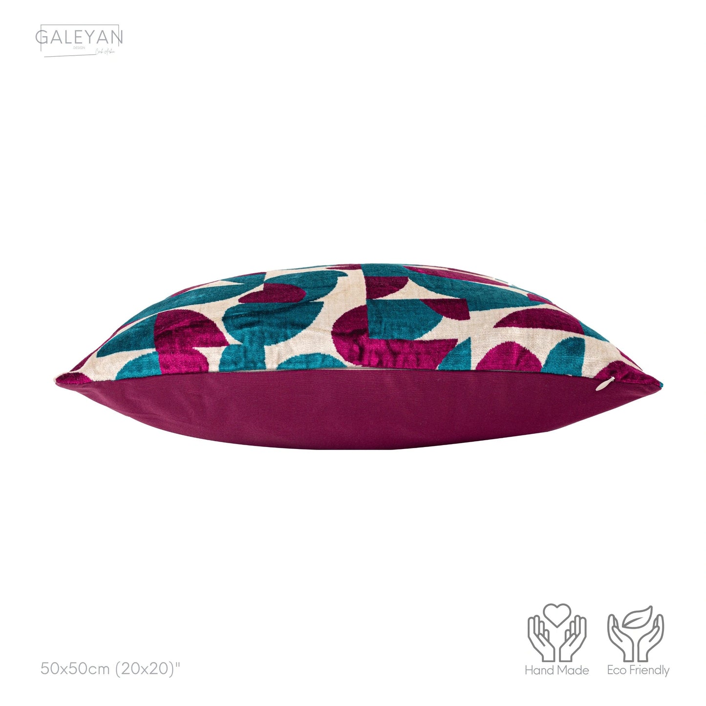 Luxury handmade ikat velvet pillow cover Fuchsia & Turquoise Blue & White