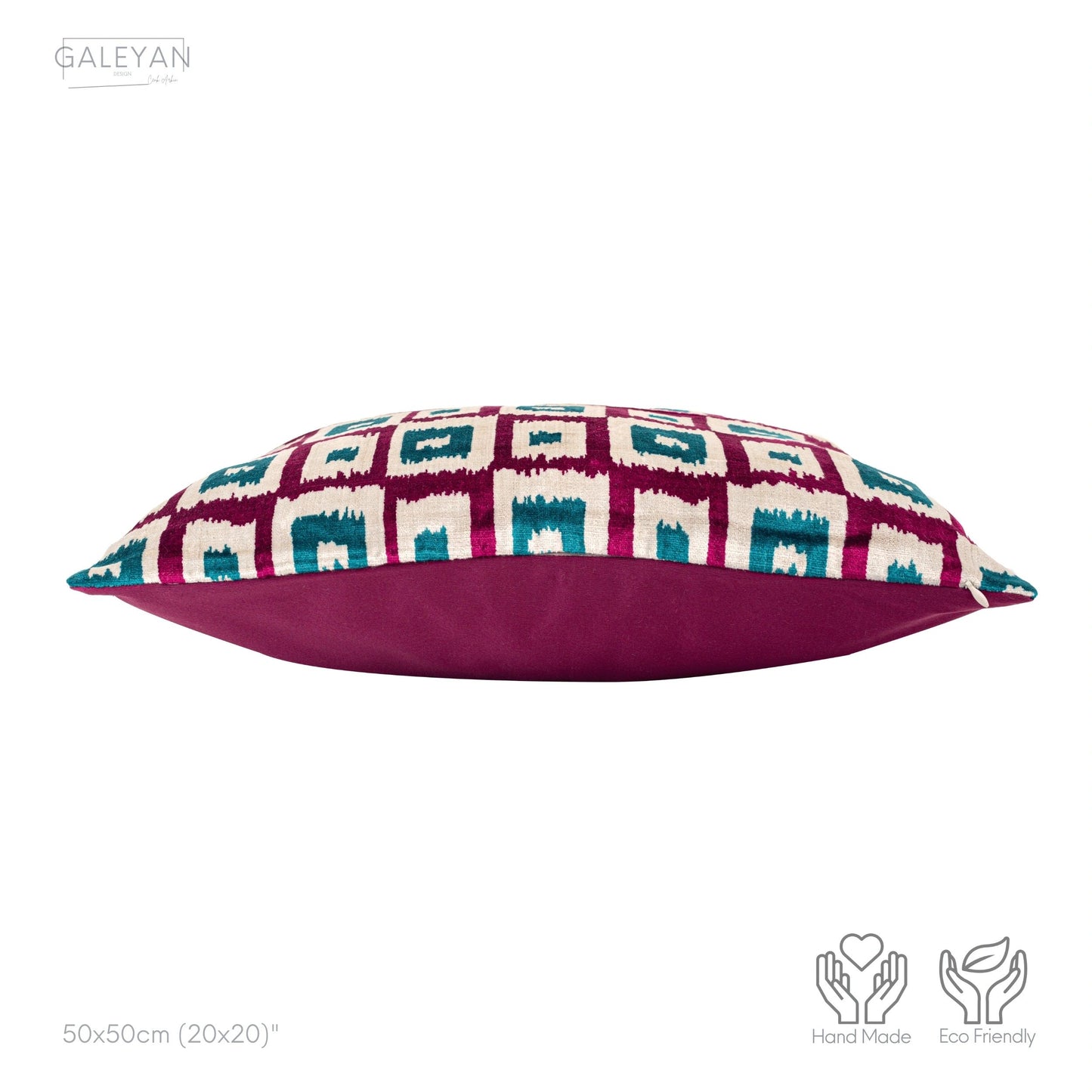 Luxury handmade ikat velvet pillow cover Fuchsia & Turquoise Blue & White