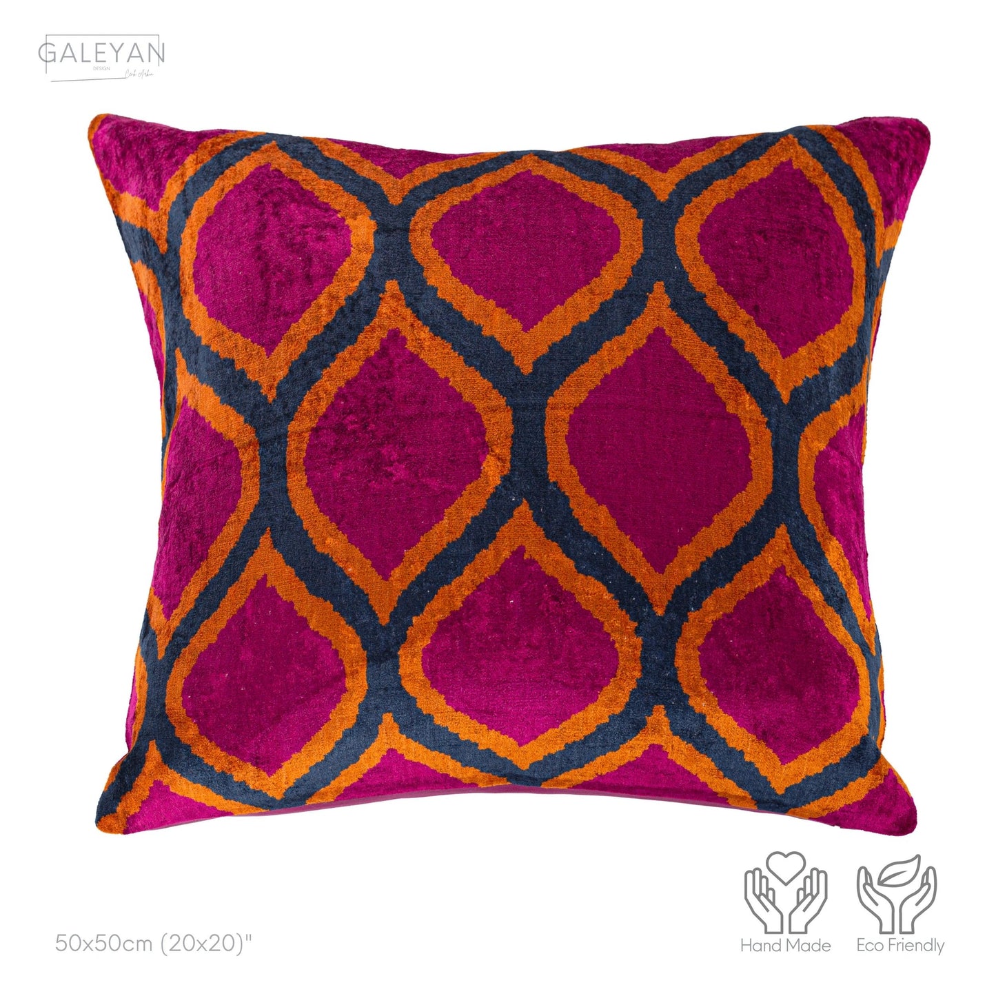 Luxury handmade ikat velvet pillow cover Fuchsia & Orange & Navy