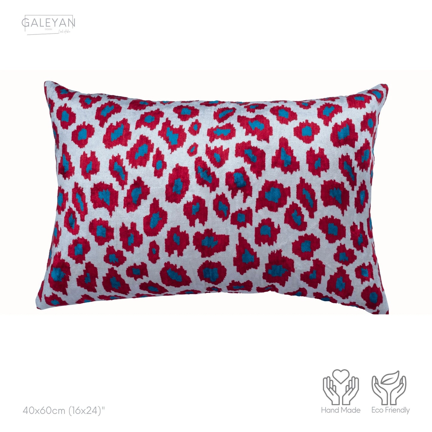 Luxury handmade ikat velvet pillow cover Turquoise Blue & Red & White