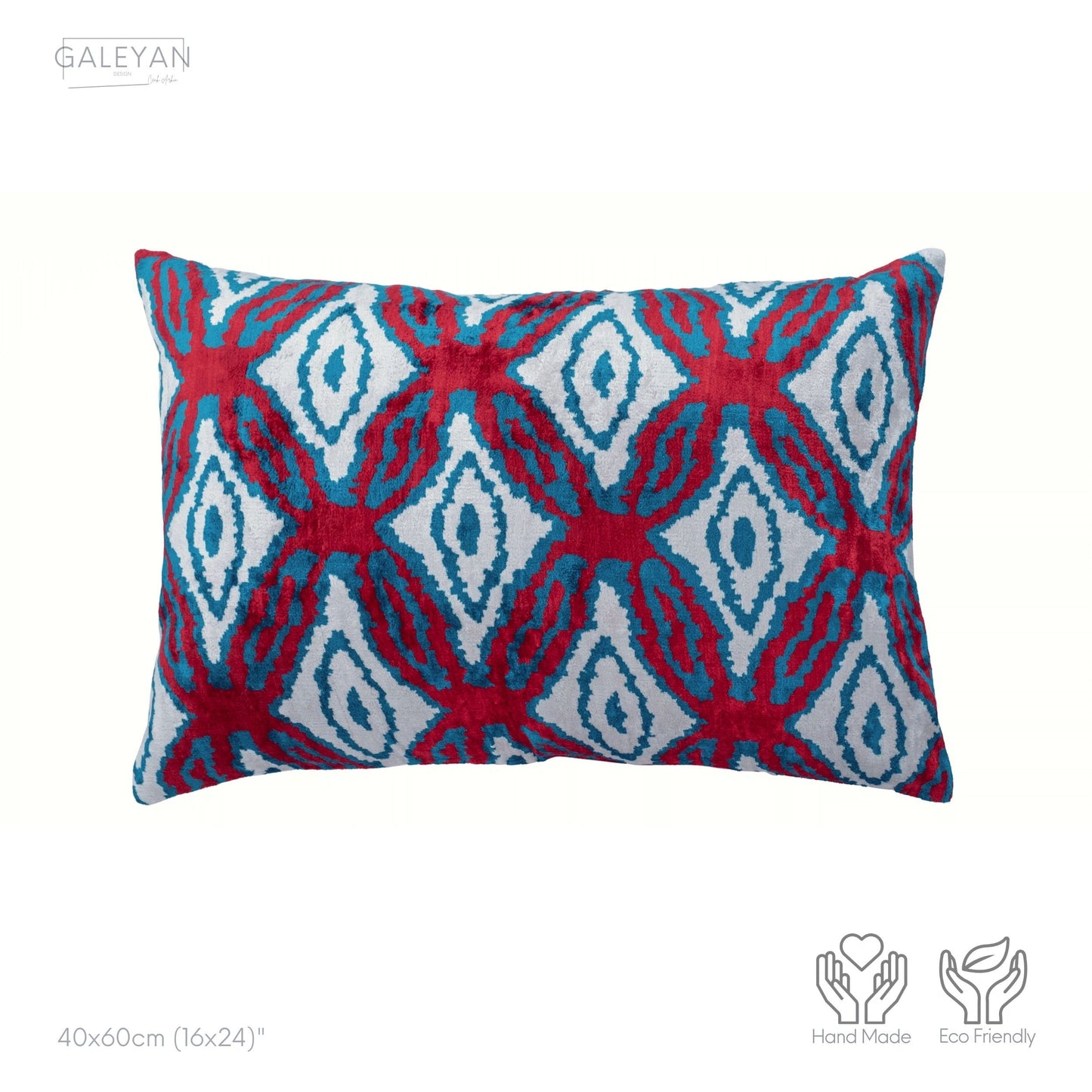Luxury handmade ikat velvet pillow cover Turquoise Blue & Red & White