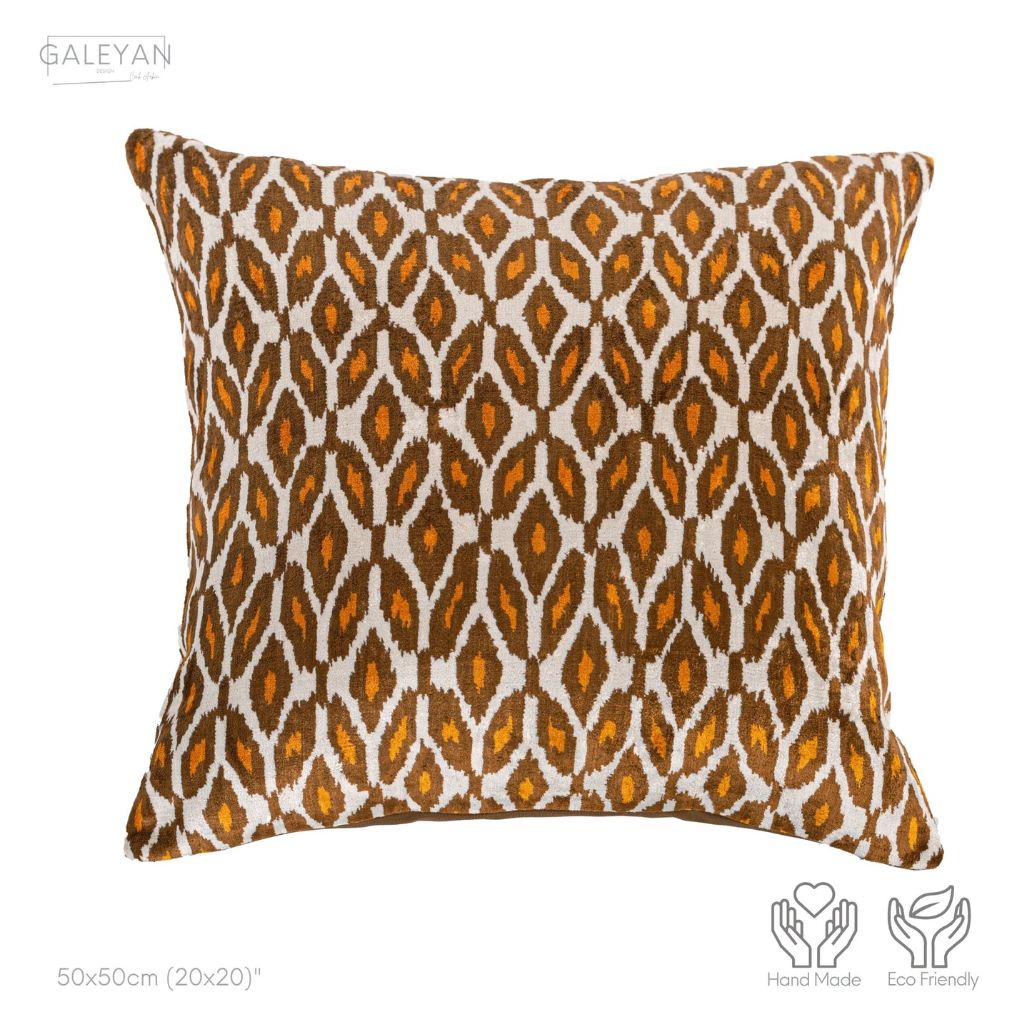 Luxury handmade ikat velvet pillow cover Brown & Orange & White