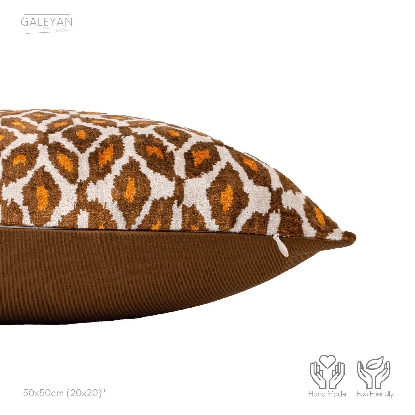 Luxury handmade ikat velvet pillow cover Brown & Orange & White