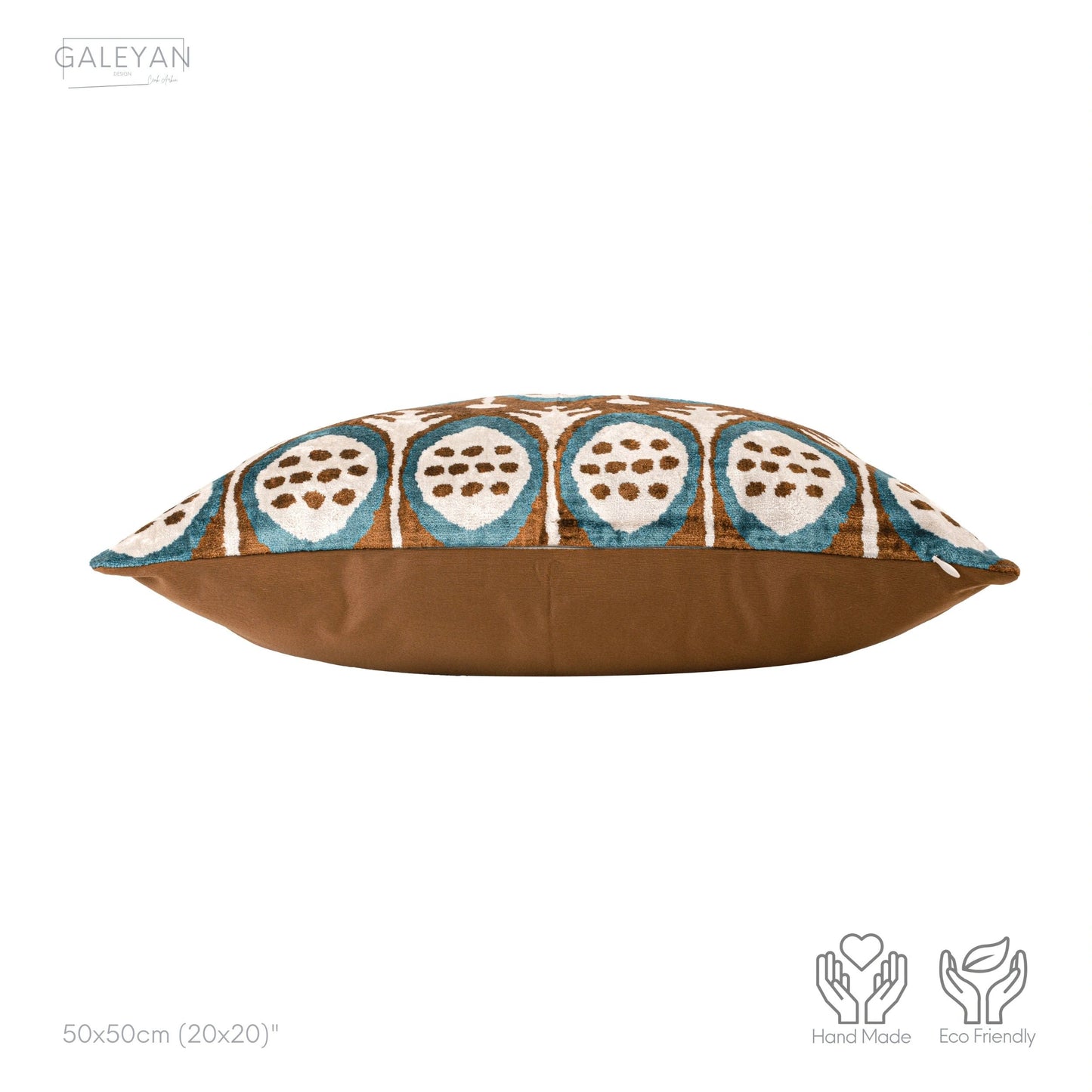 Luxury handmade ikat velvet pillow cover Brown & Turquoise Blue & White
