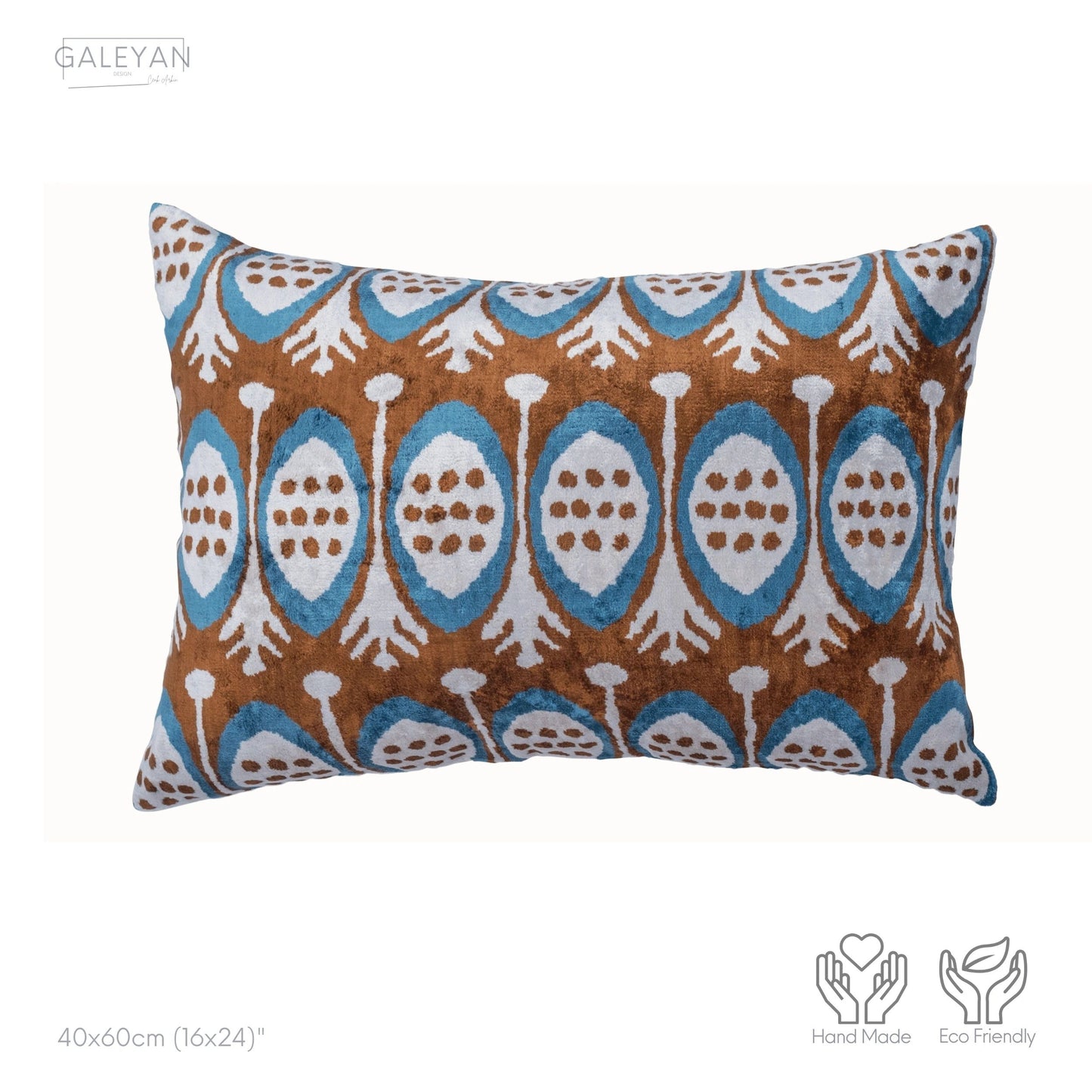Luxury handmade ikat velvet pillow cover Brown & Turquoise Blue & White