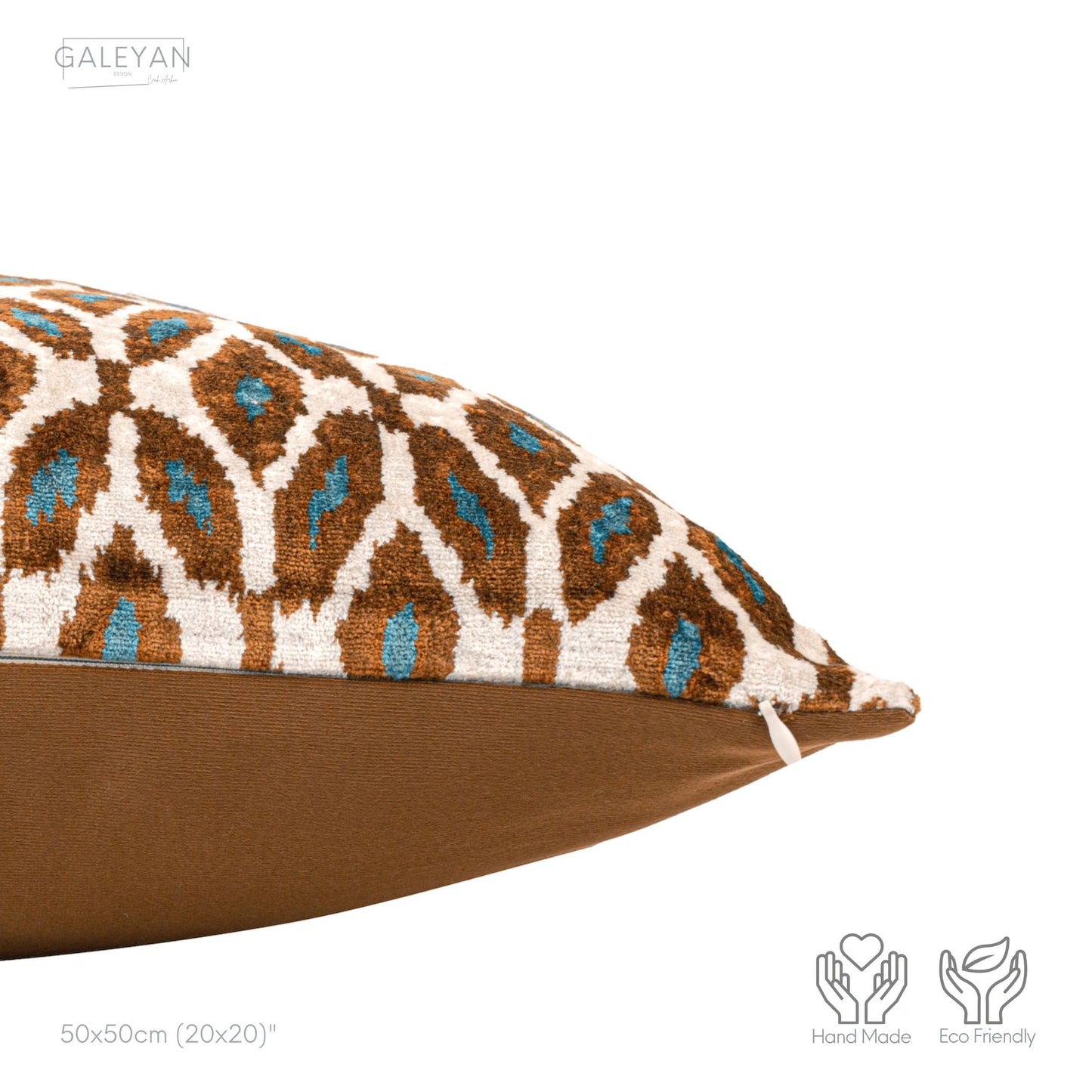 Luxury handmade ikat velvet pillow cover Brown & Turquoise Blue & White