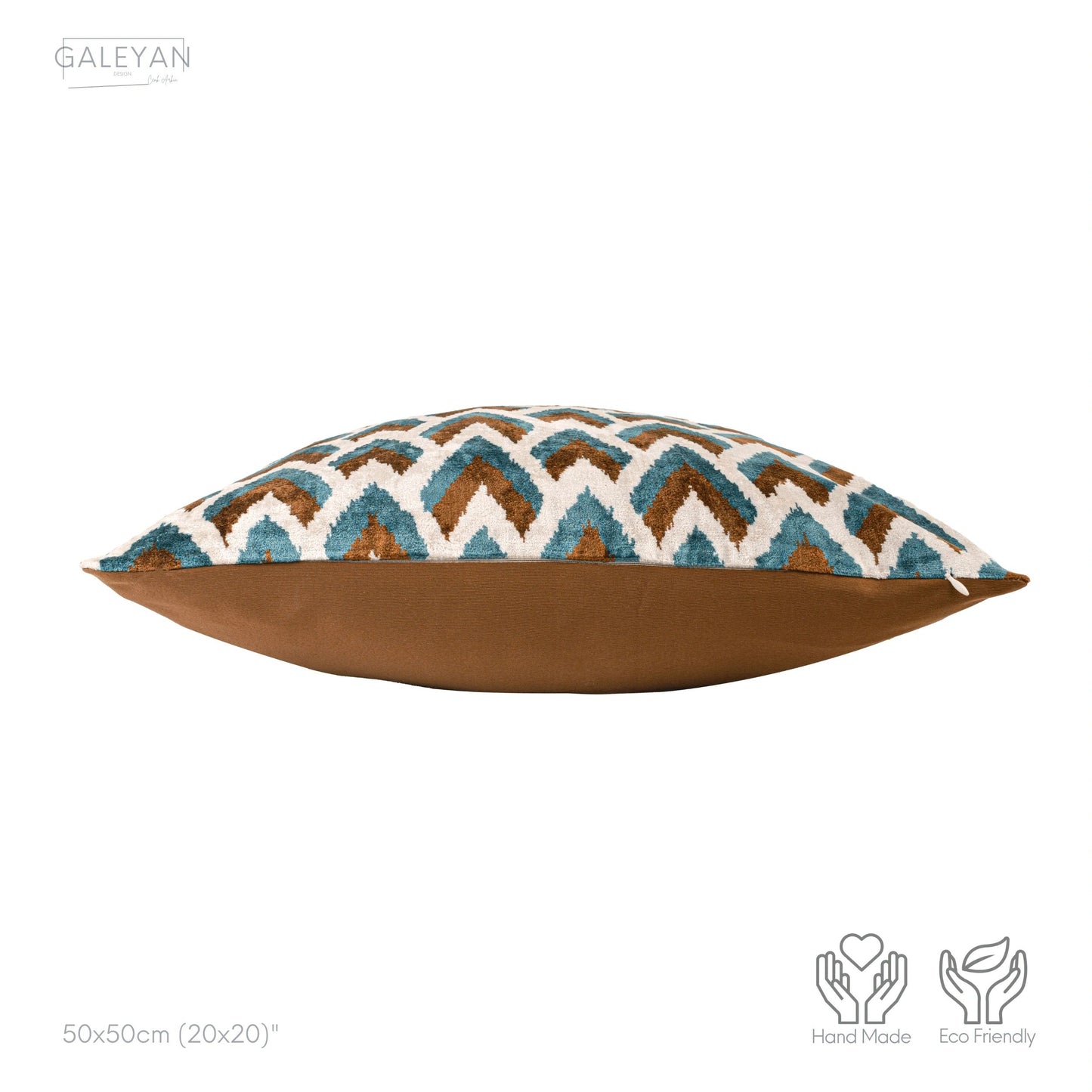 Luxury handmade ikat velvet pillow cover Brown & Turquoise Blue & White