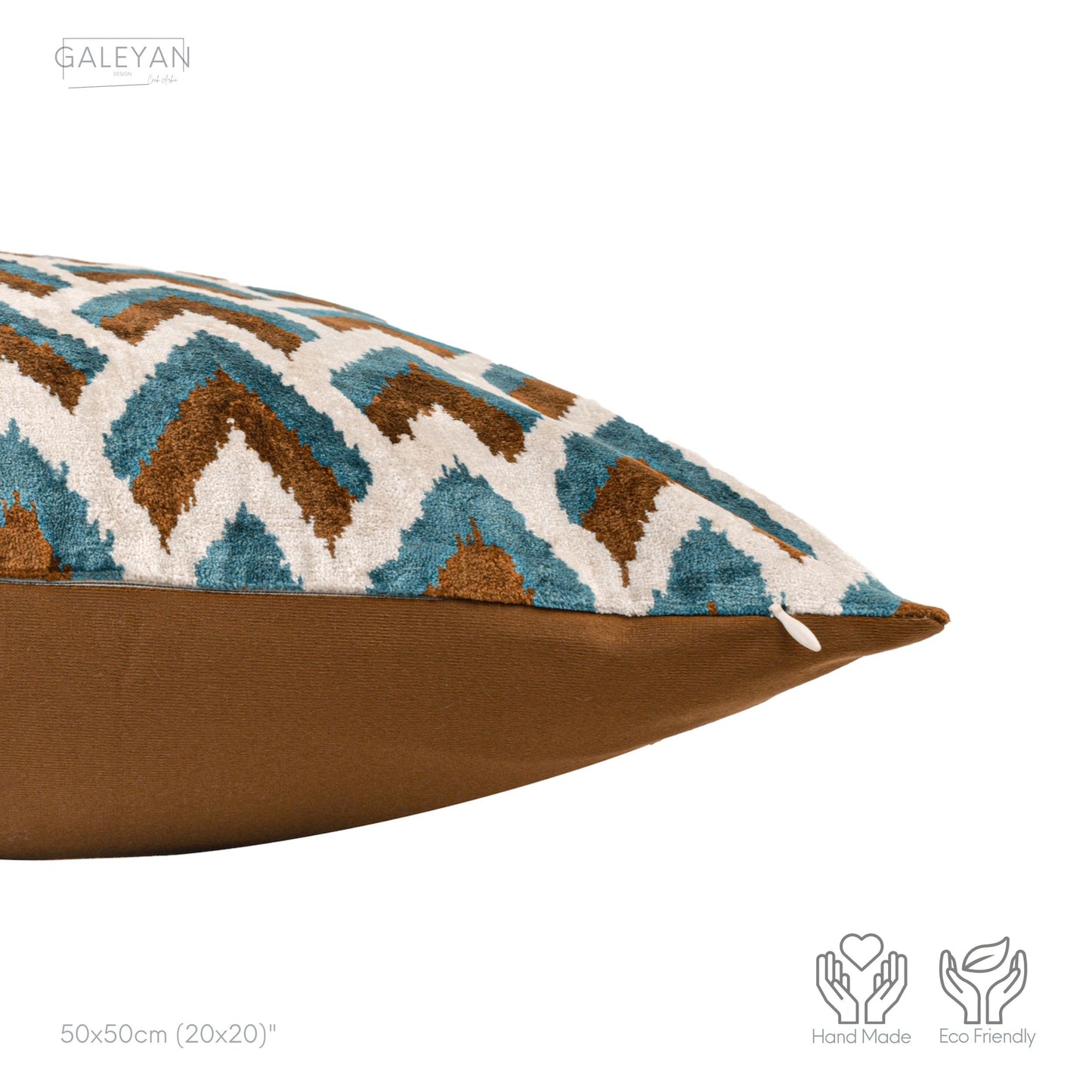 Luxury handmade ikat velvet pillow cover Brown & Turquoise Blue & White
