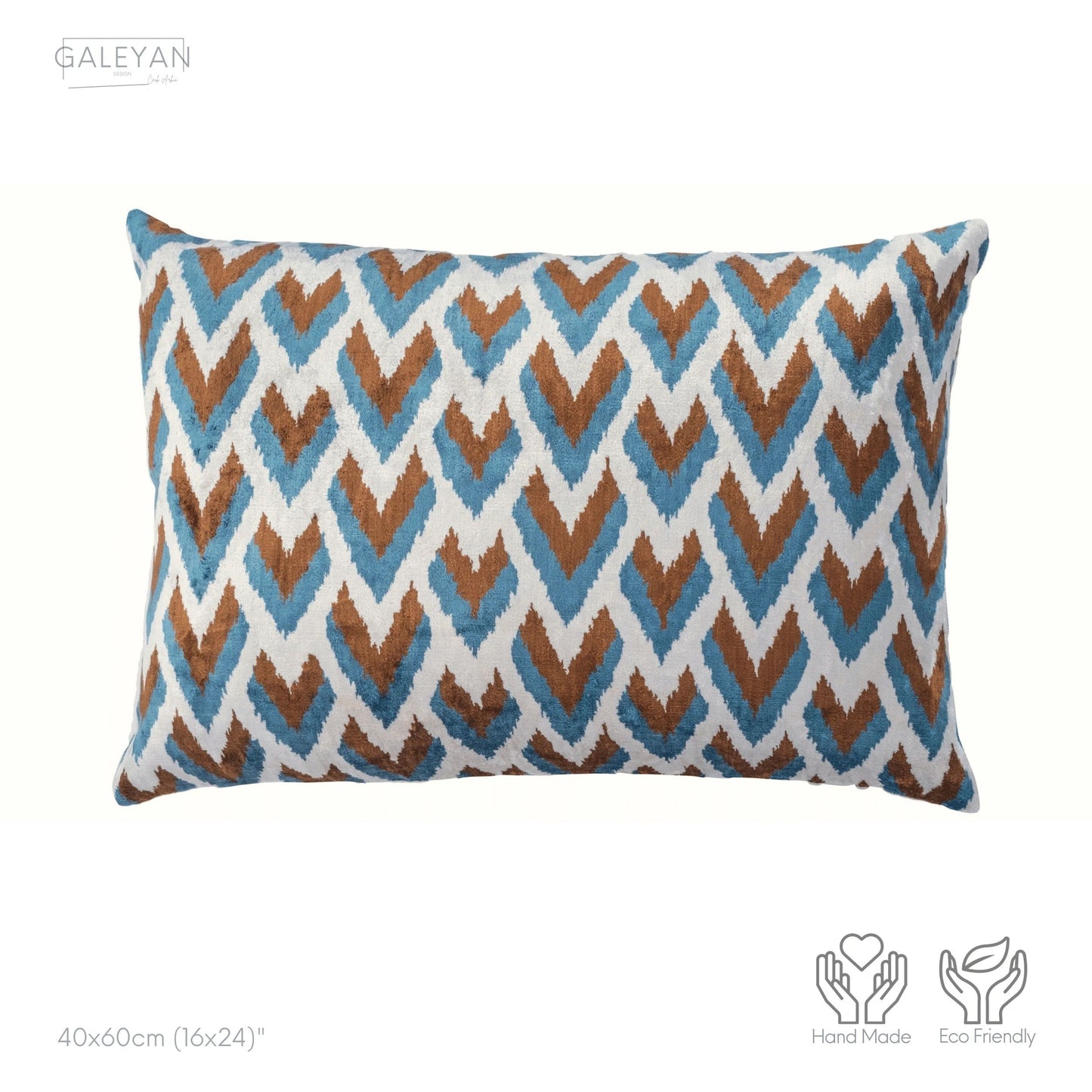 Luxury handmade ikat velvet pillow cover Brown & Turquoise Blue & White