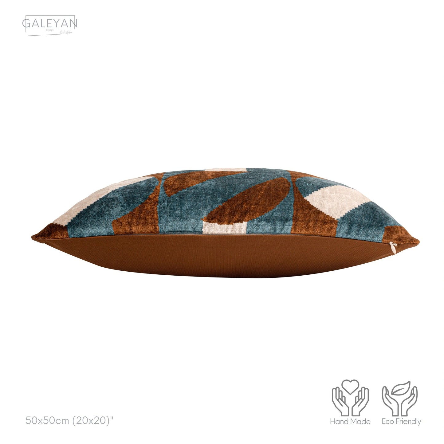 Luxury handmade ikat velvet pillow cover Brown & White & Turquoise Blue
