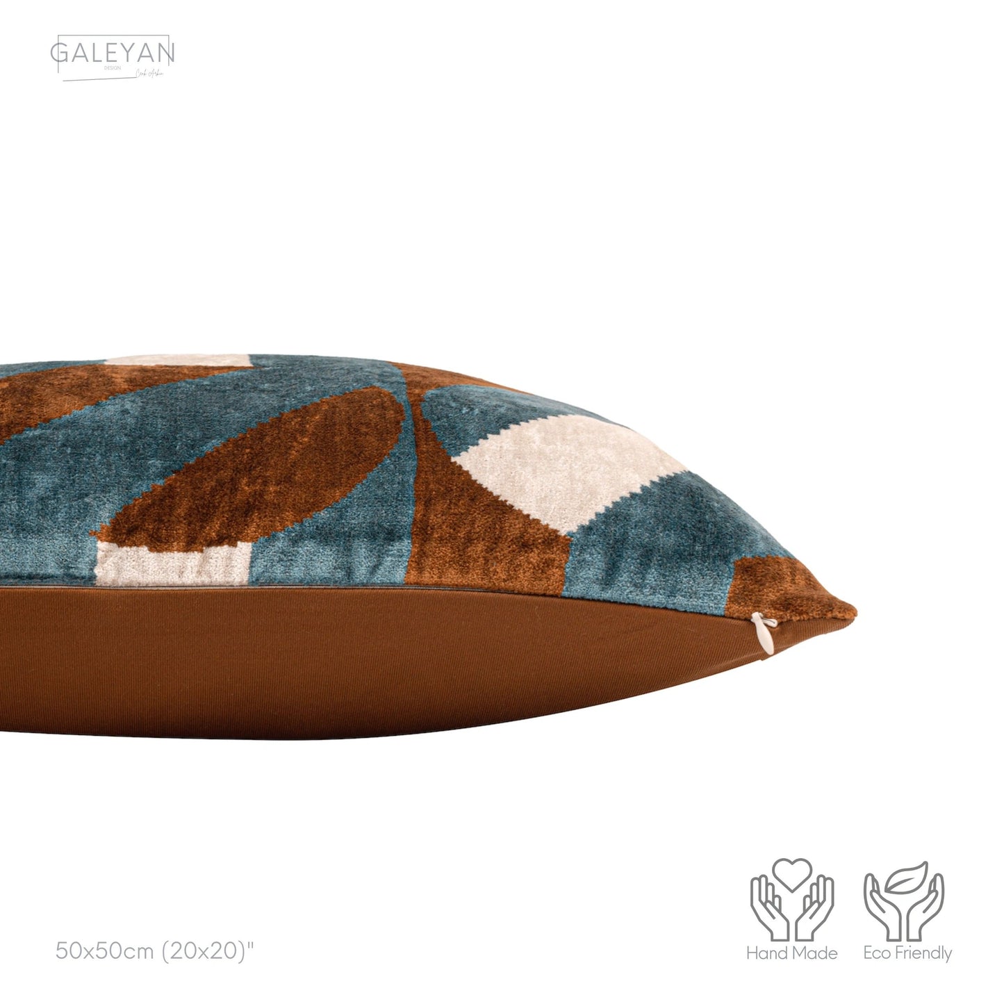 Luxury handmade ikat velvet pillow cover Brown & White & Turquoise Blue