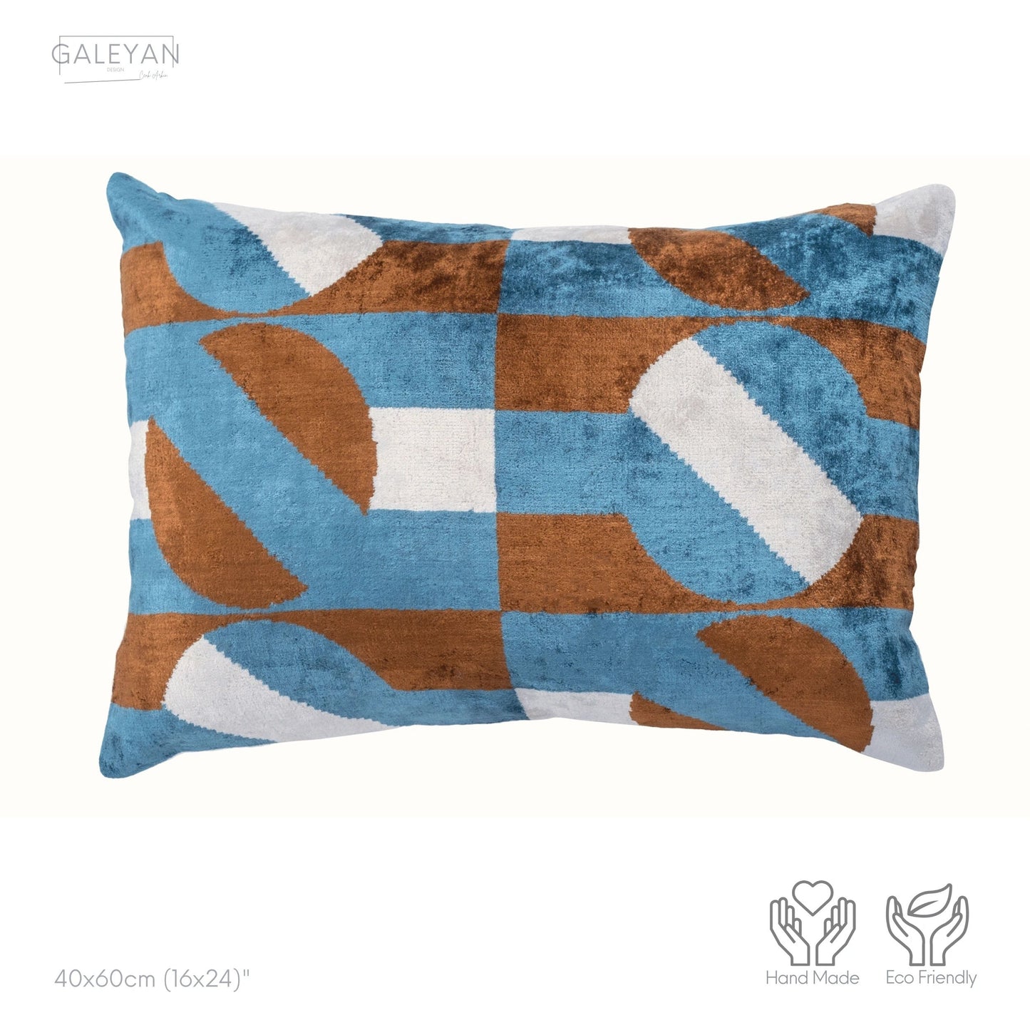 Luxury handmade ikat velvet pillow cover Brown & White & Turquoise Blue