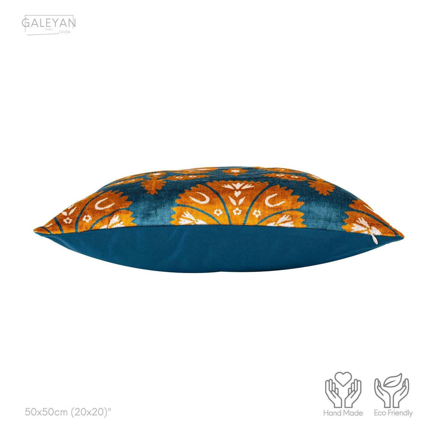 Luxury handmade ikat velvet pillow cover Orange & White & Turquoise Blue