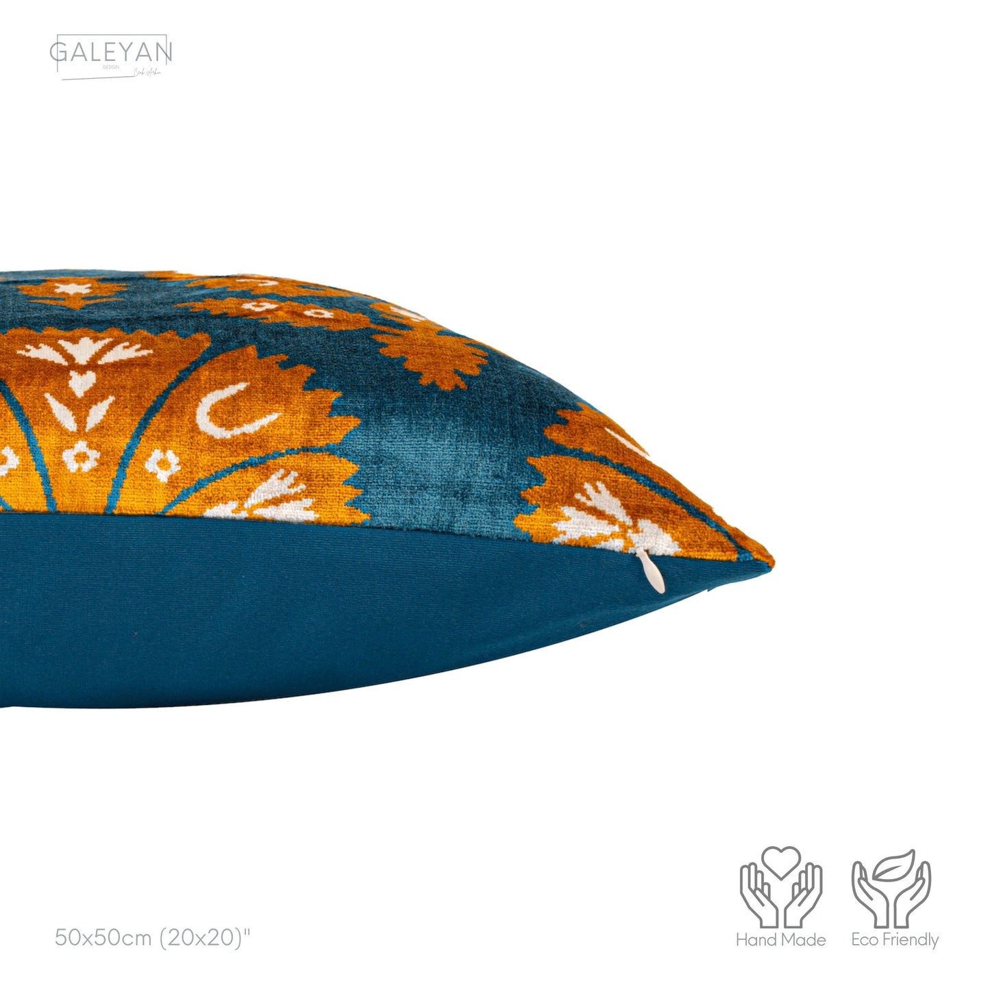 Luxury handmade ikat velvet pillow cover Orange & White & Turquoise Blue