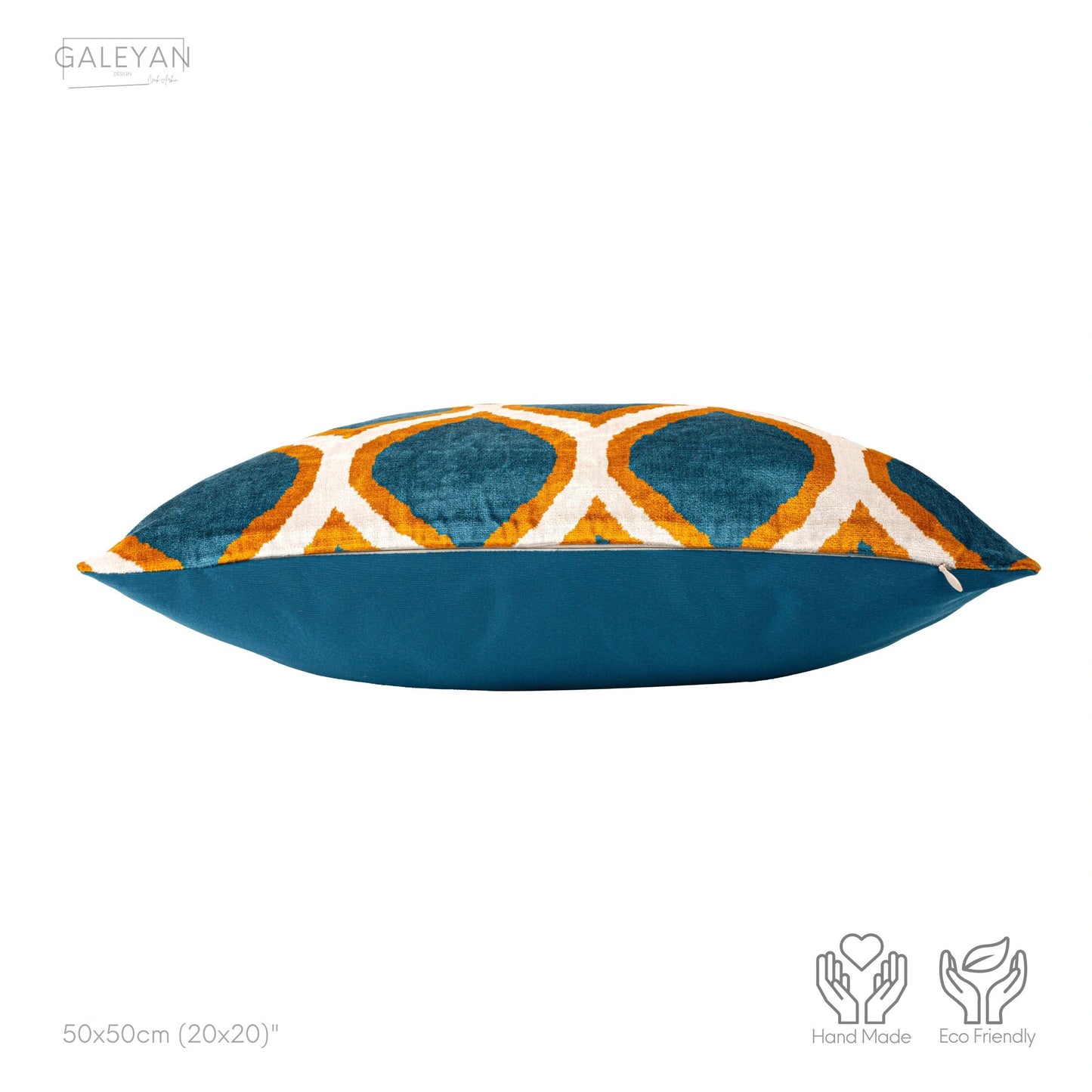 Luxury handmade ikat velvet pillow cover Orange & White & Turquoise Blue