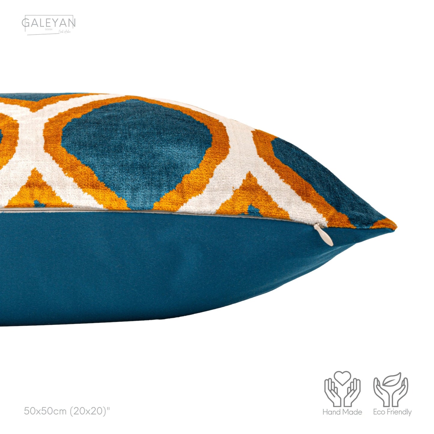 Luxury handmade ikat velvet pillow cover Orange & White & Turquoise Blue