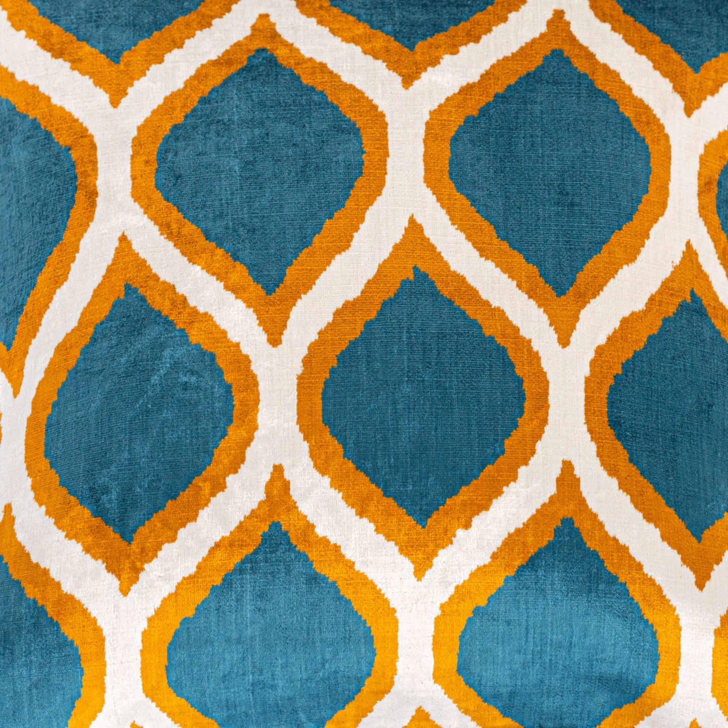 Luxury handmade ikat velvet pillow cover Orange & White & Turquoise Blue