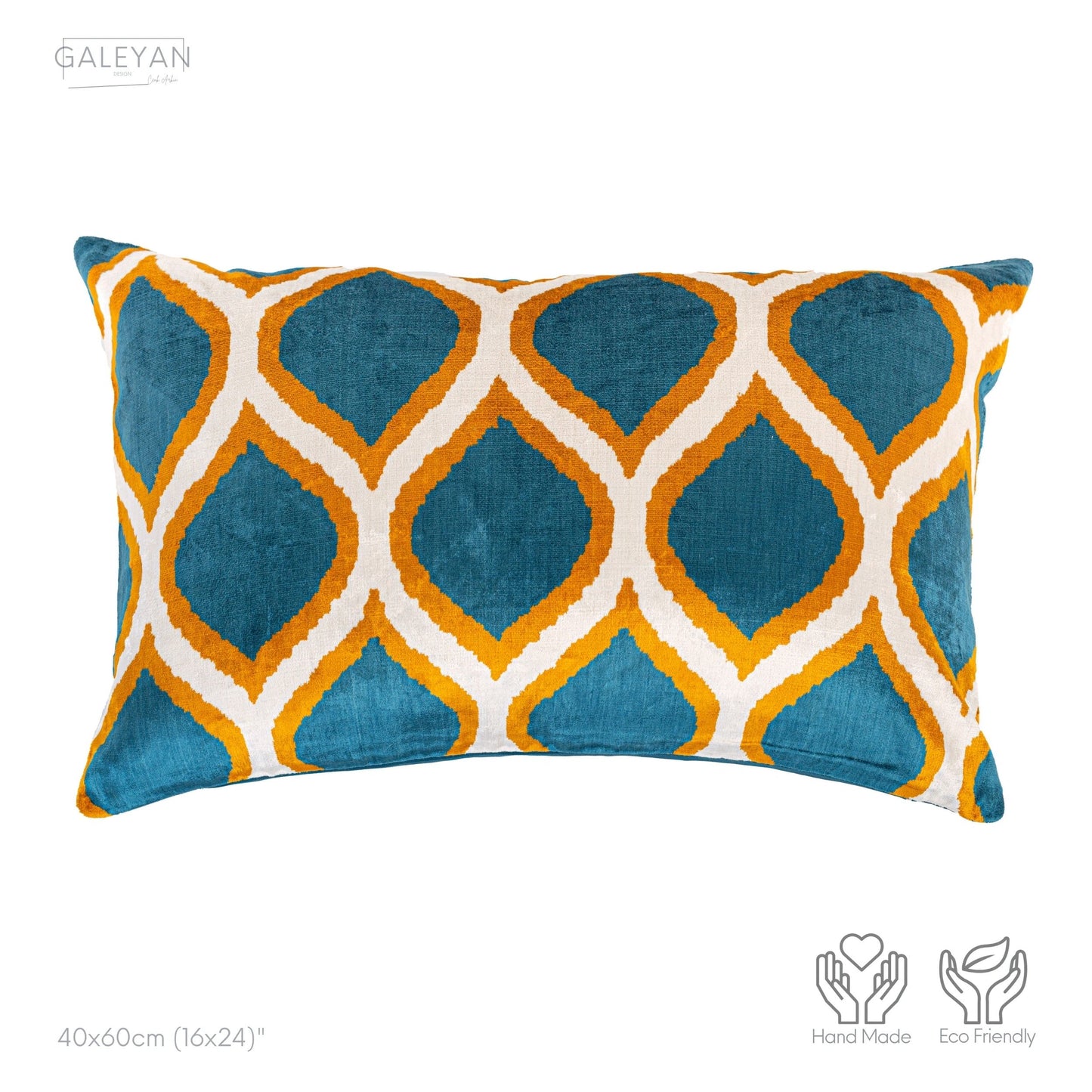 Luxury handmade ikat velvet pillow cover Orange & White & Turquoise Blue