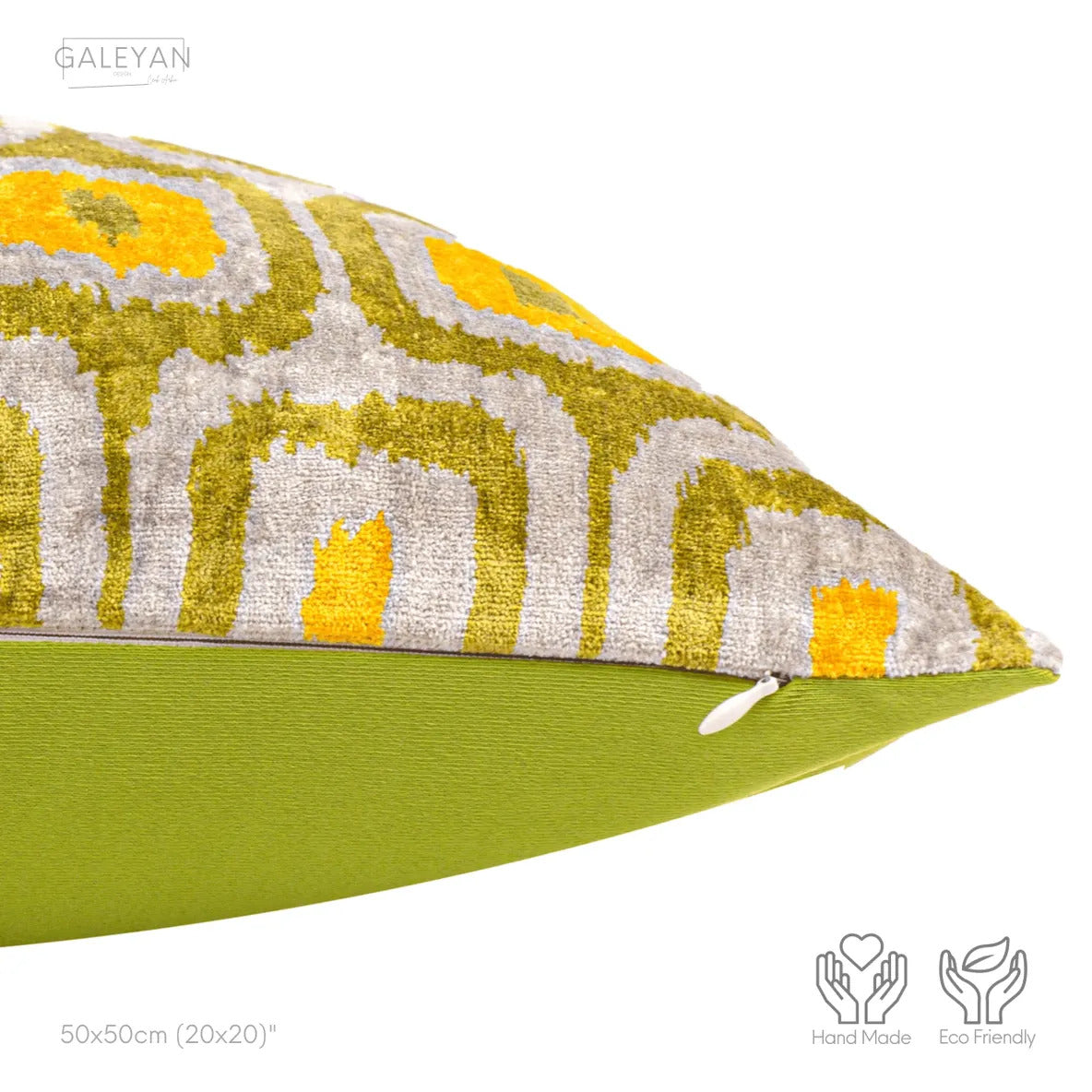 Luxury handmade ikat velvet pillow cover Off White & Green & Orange