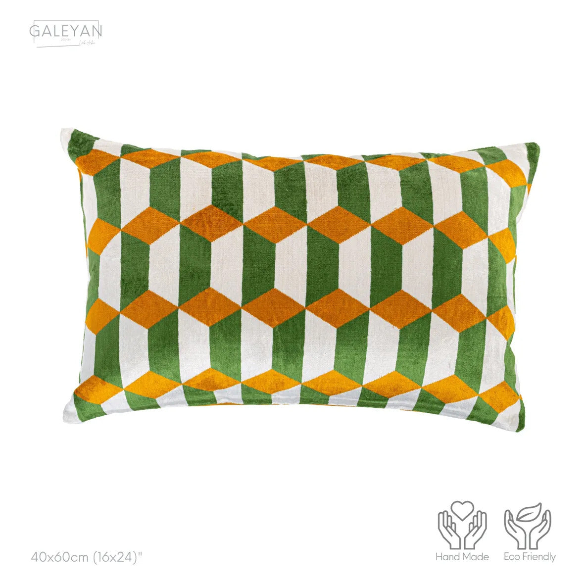 Luxury handmade ikat velvet pillow cover Off White & Green & Orange