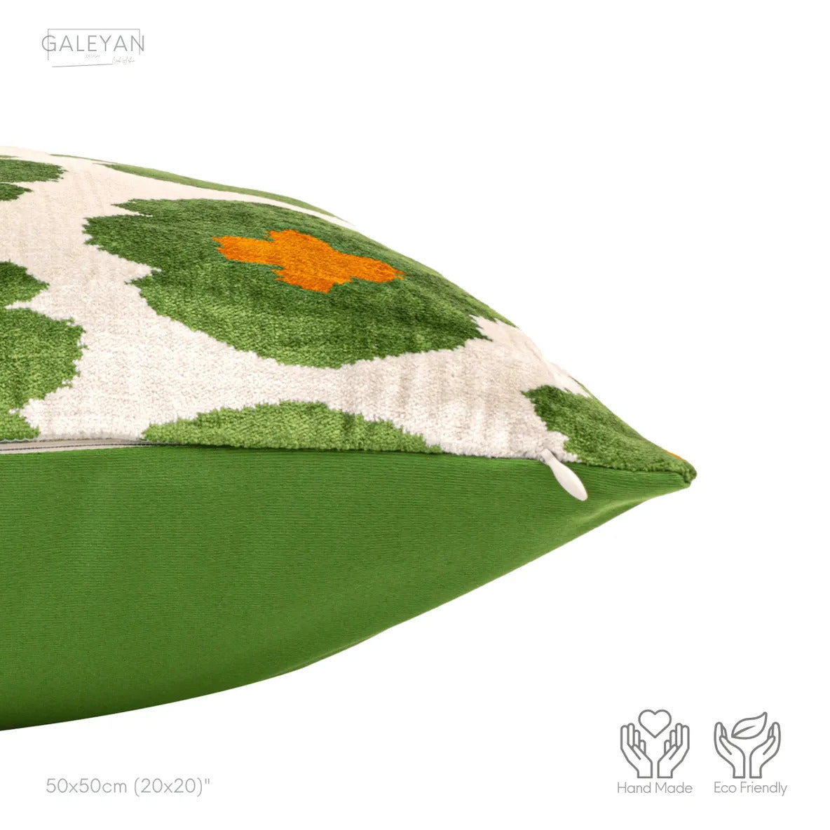Luxury handmade ikat velvet pillow cover Off White & Green & Orange