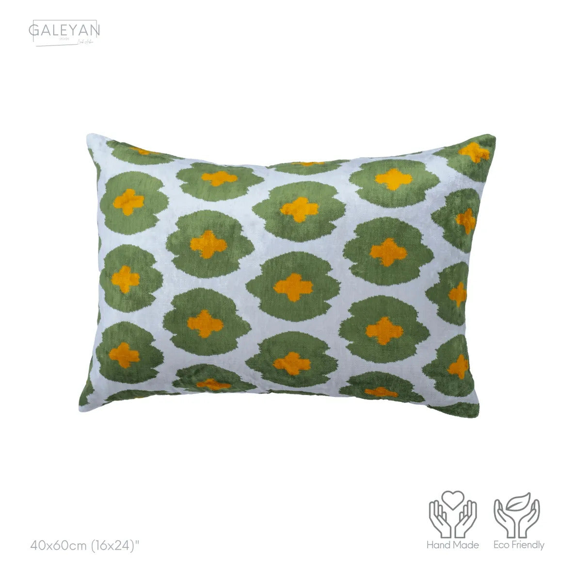 Luxury handmade ikat velvet pillow cover Off White & Green & Orange