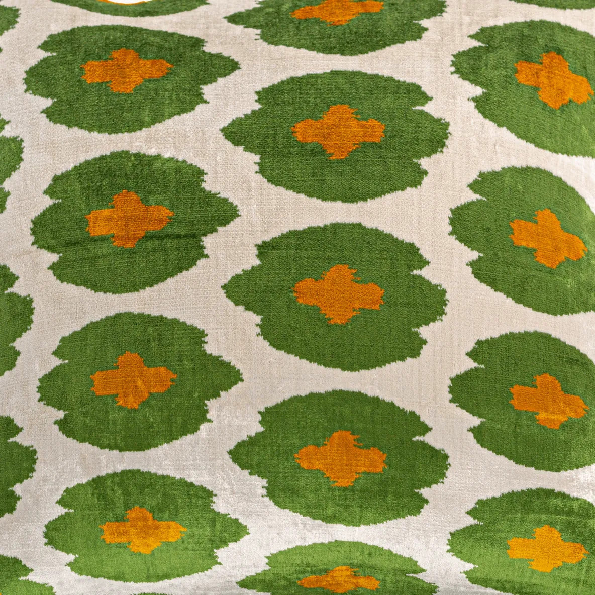 Luxury handmade ikat velvet pillow cover Off White & Green & Orange