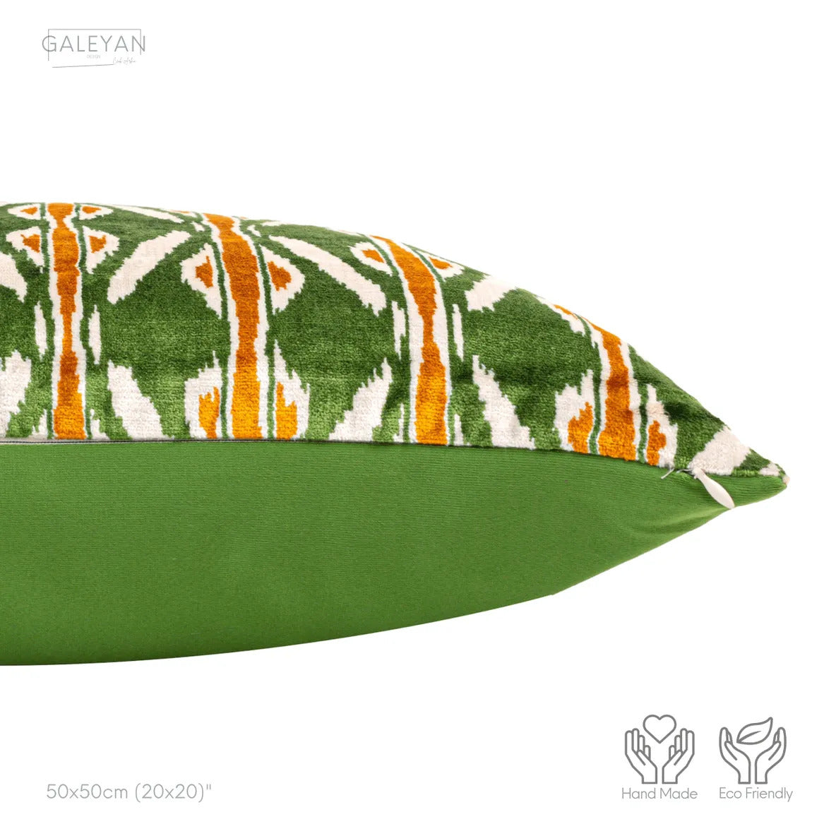Luxury handmade ikat velvet pillow cover Off White & Green & Orange