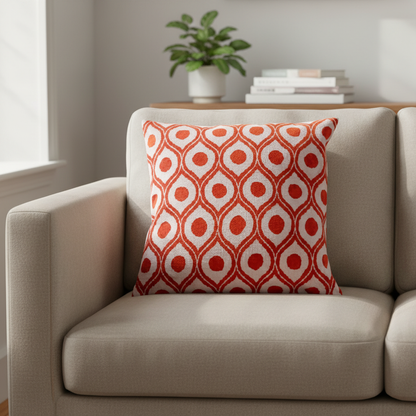 Silk Velvet Ikat Cushion – Off White/Red