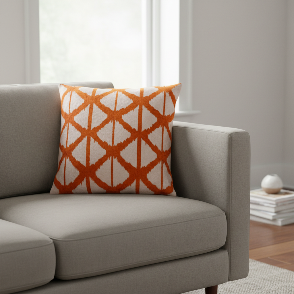Silk Velvet Ikat Cushion – Off White/Amber