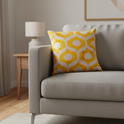 Silk Velvet Ikat Cushion – Off White/Yellow