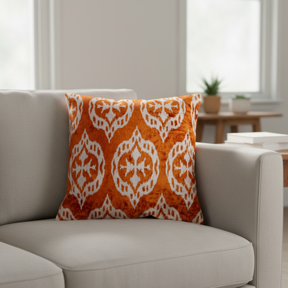 Silk Velvet Ikat Cushion – Off White/Amber