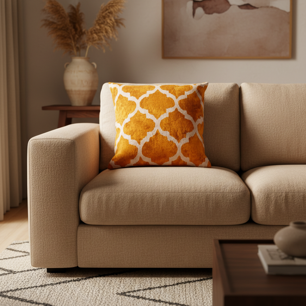 Silk Velvet Ikat Cushion – Off White /Saffron Gold