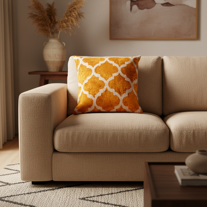 Silk Velvet Ikat Cushion – Off White /Saffron Gold