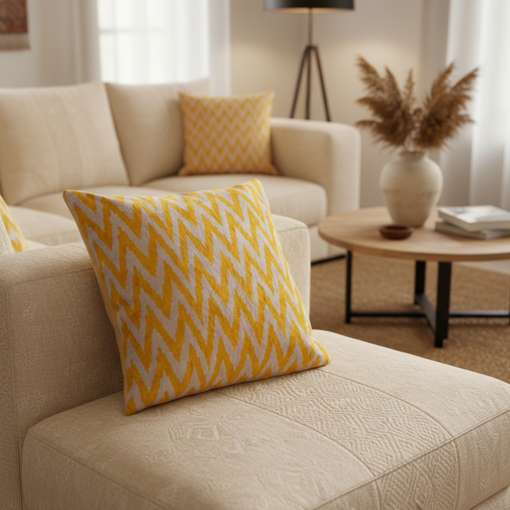 Silk Velvet Ikat Cushion – Off White /Yellow
