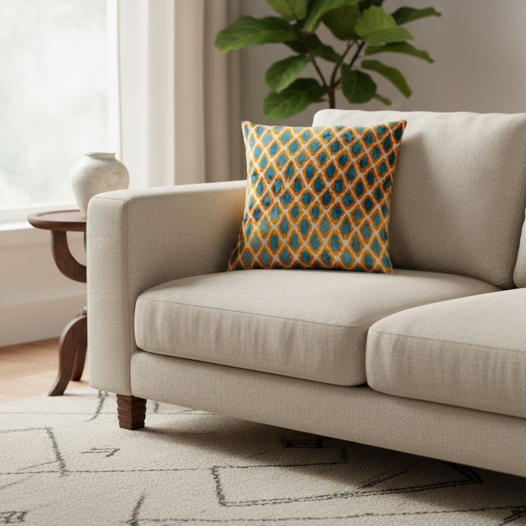 Silk Velvet Ikat Cushion – Off White/Saffron Gold/Turquoise