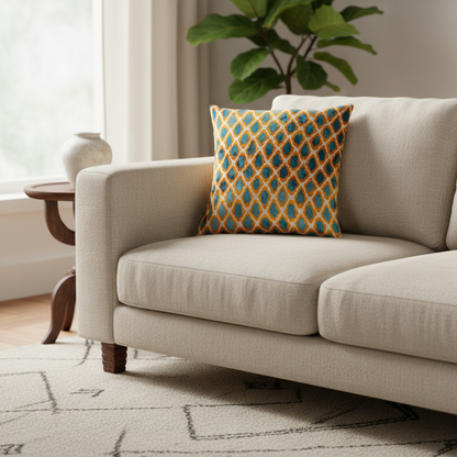 Silk Velvet Ikat Cushion – Off White/Saffron Gold/Turquoise