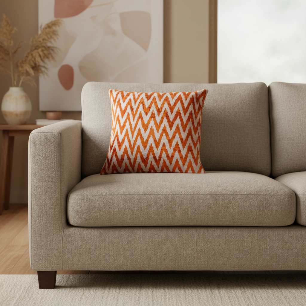 Silk Velvet Ikat Cushion – Off White/Amber