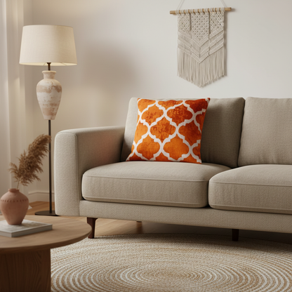 Silk Velvet Ikat Cushion – Off White/Amber