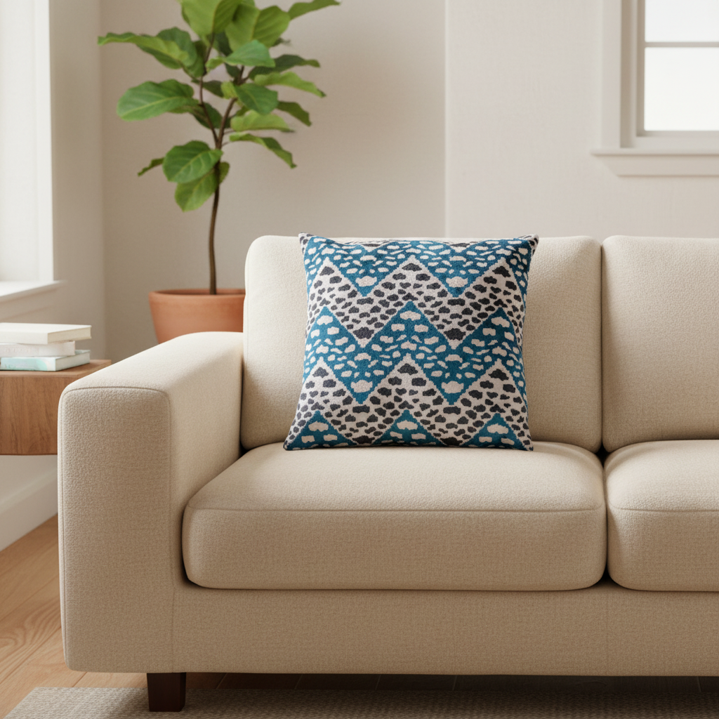 Silk Velvet Ikat Cushion – Off White/Turquoise/Midnight Indigo